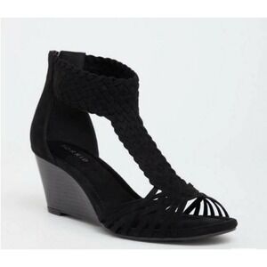 Torrid Braided T-Strap Wedge Sandals Womens 12W Black Faux Suede Boho 11401924